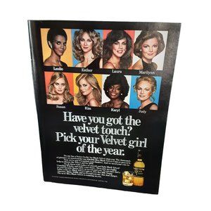 1979 Black Velvet Whiskey pick Velvet Girl Print Ad vintage 70s